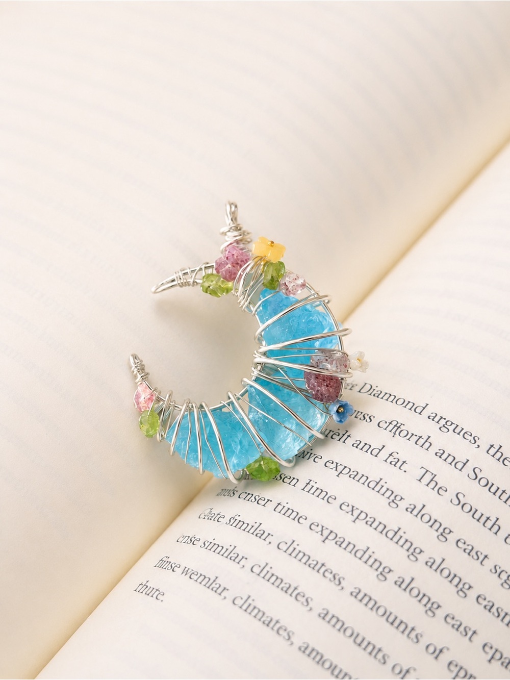 Handmade Blue Crystal Crescent Pendant Necklace